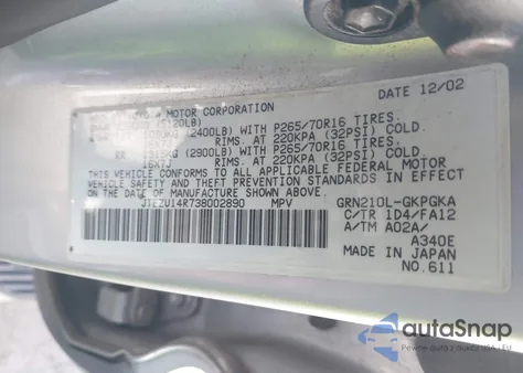 2003 Toyota 4Runner Sr5 V6 из США, поврежденный, VIN JTEZU14R738002890